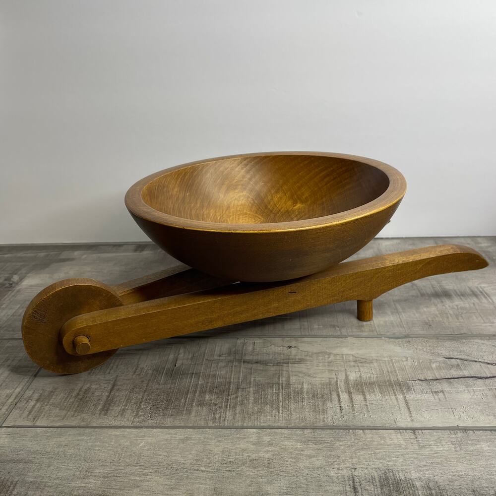 Vintage WOODCRAFTERY Wood Wheelbarrow Fruit Basket Bowl Primitive Farmhouse